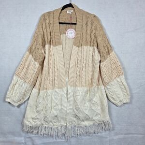 Umgee Patchwork Knitted Open Front Cardigan Sweater With Frayed Hem Large